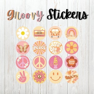 Stickers hippie rétro groovy, cadeau de fête à thème bohème pour fête d'anniversaire d'enfant, récompense d'activité scolaire amusante et amusante pour fille marguerite