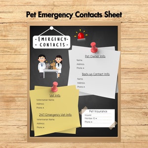 Hoja de contactos de emergencia para mascotas, plantilla de boleta de calificaciones para perros, boleta de calificaciones para cachorros, formulario de informe para paseos de perros, alojamiento para mascotas, guardería para perros, cuidador de mascotas