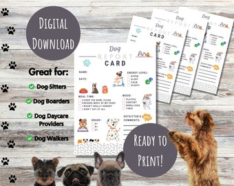 Puede incluir: Tarjeta de informe de perro imprimible con un perro de dibujos animados en un scooter, un perro con un hueso y un perro con un libro. La tarjeta incluye secciones para el nivel de energía, el estado de ánimo, la hora de la comida, la calificación y los comentarios del cuidador de mascotas. El texto "¡Listo para imprimir!" está en la parte inferior de la tarjeta.