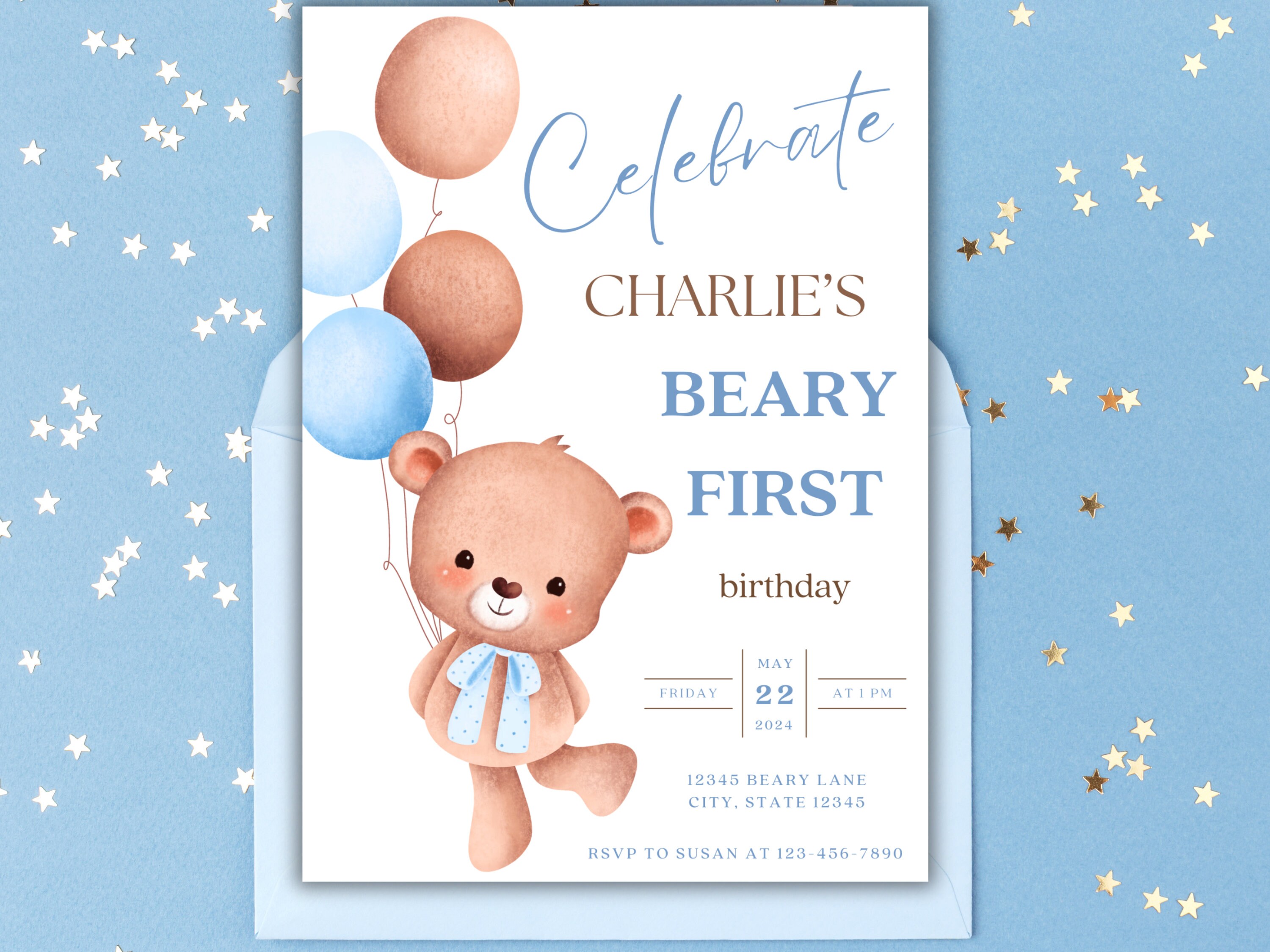 Teddy Bear Birthday Invitation Digital Invite Blue Brown Boy Birthday ...
