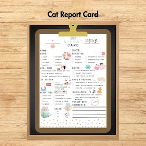 Plantilla de tarjeta de informe de gatos, tarjeta de informe de mascotas de descarga instantánea, formulario de informe de cuidado de gatitos, alojamiento de mascotas, guardería de gatitos, informe de cuidado de mascotas