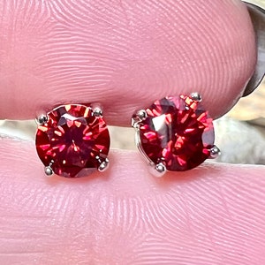 Certified Rare Round Brilliant Fancy Red Moissanite Solitaire Studs