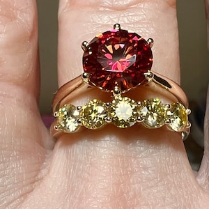 14K Yellow Gold 3CT Round Brilliant Cut Hawaiian Sunset Moissanite & 4mm Canary Yellow 5 Stone Half Eternity Ring Bridal Set