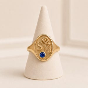 Geburtsblume Siegelring, personalisierter Anfangsring Birthstone, benutzerdefinierte Goldblumenring, Push-Präsent, Abschlussgeschenk, Mutter-Tochter-Ring