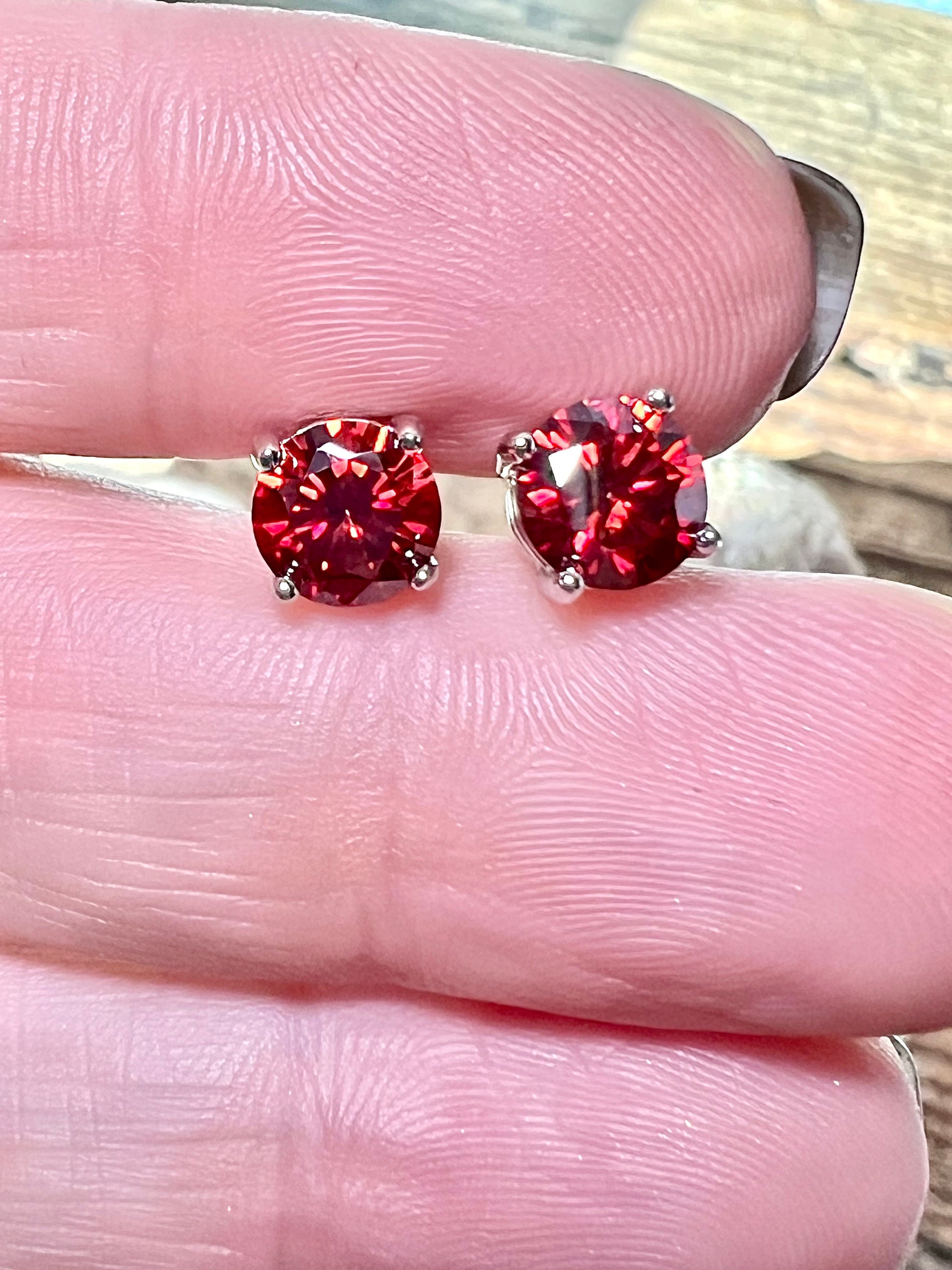 Certified Rare Round Brilliant Fancy Red Moissanite Solitaire Studs
