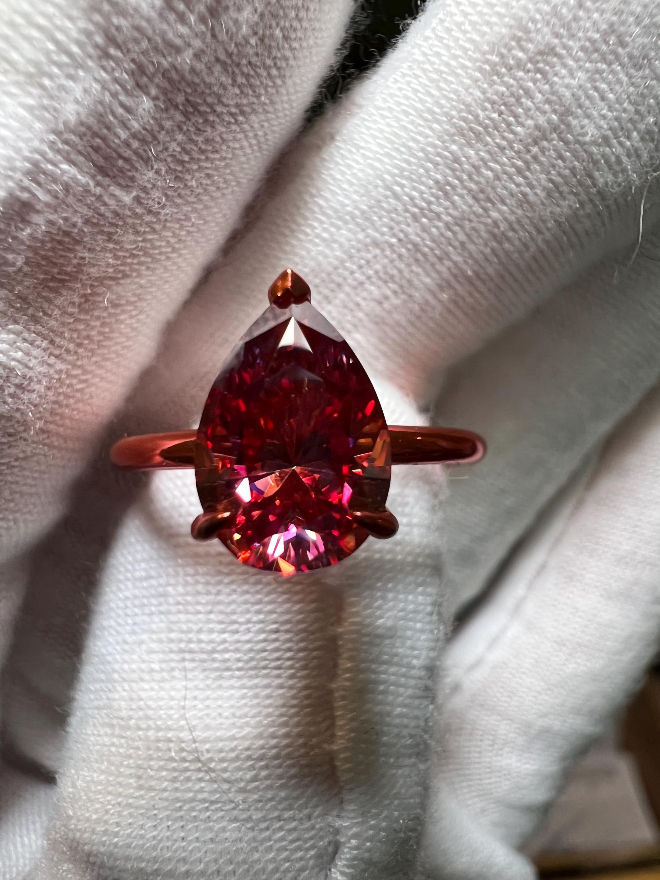 Certified 925 Sterling Silver Pink Rhodium 2CT Pear Hawaiian Sunset Moissanite Hidden Halo Solitaire Engagement Ring