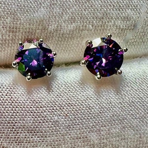 Certified Rare Round Brilliant Fancy Violet Plum Moissanite Solitaire Studs