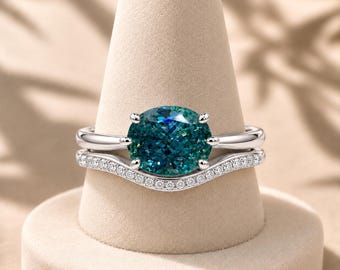 3 Carat Oval Cornflower Blue Moissanite Bridal Set, East-West Sterling Silver Engagement Ring