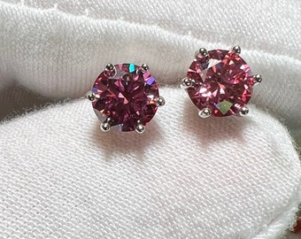 Certified 2TCW Brilliant Cut Fancy Pink Moissanite Stud Earrings