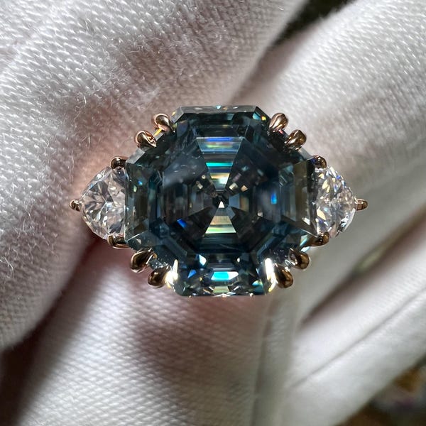 14K Rose Gold Certified 4CT Hexagon Blue Moissanite Three Stone Ring