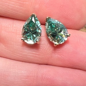 Certified Pear Shape Pistachio Blue Green Moissanite Solitaire Studs