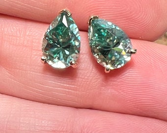 Pear Cut Blue Green Moissanite Stud Earrings, Solitaire Teal Gemstone, Sterling Silver Wedding Jewelry