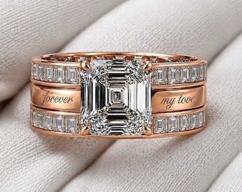 3CT Asscher Lab Grown Diamond Ring, F Color VVS2, 10K Solid Gold Engagement Ring, Rose Gold Bridal Set, Engraved Ring