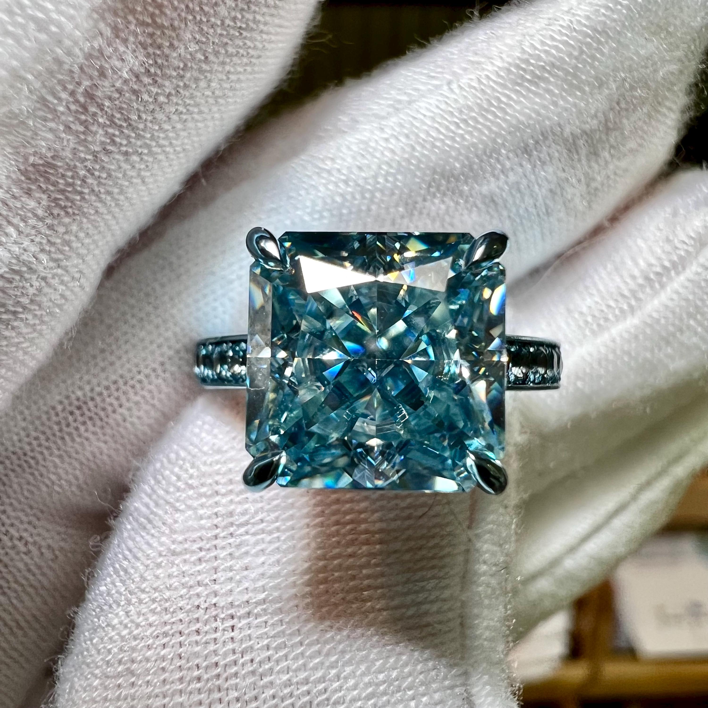 Certified 925 Sterling Silver & Blue Gold Plating 4CT Radiant Cut Blue Moissanite Engagement Ring