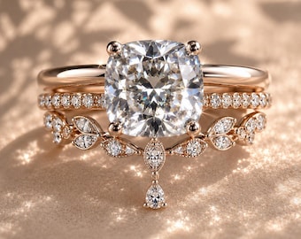 Certified 2CT Cushion Cut Moissanite Bridal Set  - D Color VVS1 Engagement Ring & Matching Wedding Band