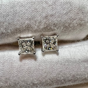 Certified .50-2CT Princess Cut Moissanite Studs Ring Set 925 Sterling Silver 14K White Gold