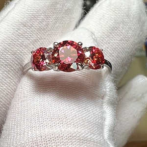 Certified Rare Round Brilliant Fancy Vivid Red Moissanite Three Stone ...