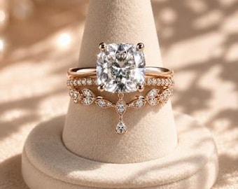 Certified 3CT Cushion Cut Moissanite Bridal Set  - D Color VVS1 Engagement Ring & Matching Wedding Band
