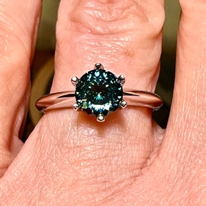 Certified 1CT Portuguese Cut Waterloo Teal Moissanite Solitaire Engagement Ring / Test Positive