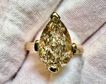 Certified 3CT Pear Brilliant Cut Fancy Champagne Moissanite Solitaire Flat Prong Engagement Ring
