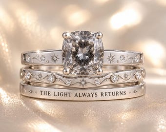 Conjunto nupcial único de moissanita gris, anillo de compromiso con talla cojín de 2 a 5 quilates, conjunto de anillos de boda de moissanita, anillo celestial de plata de ley.