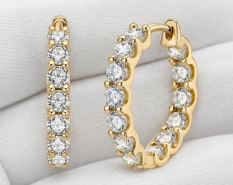 3mm Moissanite Hoop Earrings, Inside Out, D Color VVS1, Gold or Silver