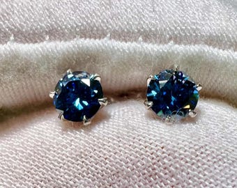 Royal Blue Moissanite Stud Earrings – 925 Sterling Silver, Bridal Jewelry