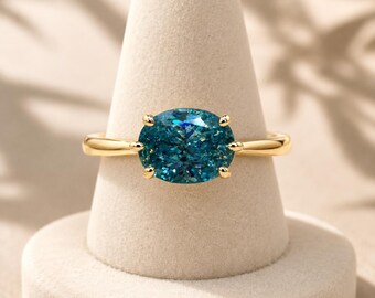 3 Carat Oval Cornflower Blue Moissanite Engagement Ring, East-West Sterling Silver Statement Ring