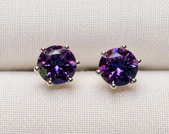 Round Brilliant Fancy Purple Blue Moissanite Solitaire Studs