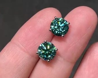 Certified 2CT Each Round Brilliant Pistachio Blue Green Moissanite Solitaire Studs