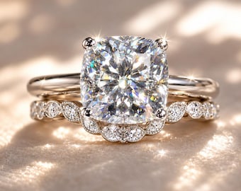 Certified Cushion Cut Moissanite Bridal Set (1-5CT) - D Color VVS1 Engagement Ring & Matching Wedding Band