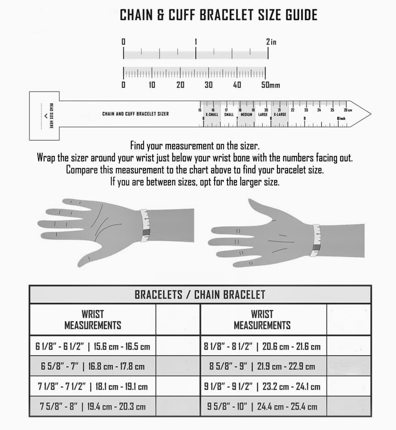 K&ouml;nnte beinhalten: Eine Gr&ouml;&szlig;entabelle f&uuml;r Ketten- und Manschettenarmb&auml;nder. Enth&auml;lt ein Lineal mit Zoll und Millimetern sowie eine Tabelle mit Handgelenkmessungen in Zoll und Zentimetern. Die Anleitung zeigt, wie man das Handgelenk f&uuml;r die richtige Armbandgr&ouml;&szlig;e misst.