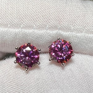 Certified Rare 2TCW Round Brilliant Fancy Magenta Moissanite Solitaire Studs