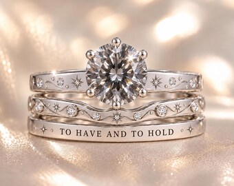 Einzigartiges Brautset aus grauem Moissanit, Verlobungsring im Brillantschliff (2–5 Karat), Ehering-Set aus Moissanit, himmlischer Ring aus Sterlingsilber