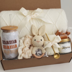 New Mom and Baby Gift Box for Women After Birth, Baby Gift Basket, Postpartum Care Package, Push Present, Newborn Boys, Girls, Unisex Mama Glass Blanket