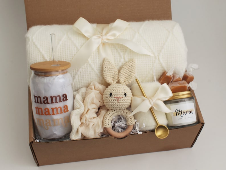 New Mom and Baby Gift Box for Women After Birth, Baby Gift Basket, Postpartum Care Package, Push Present, Newborn Boys, Girls, Unisex Mama Glass Blanket