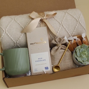 Sympathy Gift Box, Care Package For Her, Care Package, Sending Love and Hugs, Thinking of you Gift Box, Hygge Gift Box With Blanket GreenRibMugBeigeChoc