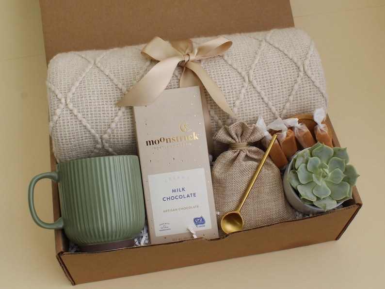 Sympathy Gift Box, Care Package For Her, Care Package, Sending Love and Hugs, Thinking of you Gift Box, Hygge Gift Box With Blanket GreenRibMugBeigeChoc