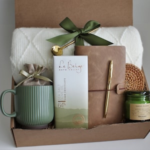 Sympathy Gift Basket, Hygge Gift Box with Blanket, Sending a hug, Thinking of you, Thank You gift, Encouragement gift GreenRibMugLeBelge