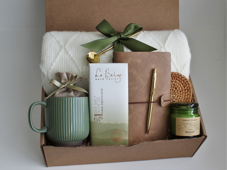Sympathy Gift Basket, Hygge Gift Box with Blanket, Sending a hug, Thinking of you, Thank You gift, Encouragement gift GreenRibMugLeBelge