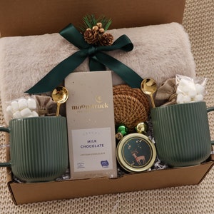 Sympathy Gift Basket, Hygge Gift Box with Blanket, Sending a hug, Thinking of you, Thank You gift, Encouragement gift Dual Mug Green