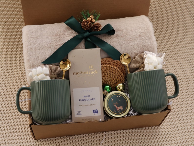 Sympathy Gift Basket, Hygge Gift Box with Blanket, Sending a hug, Thinking of you, Thank You gift, Encouragement gift Dual Mug Green