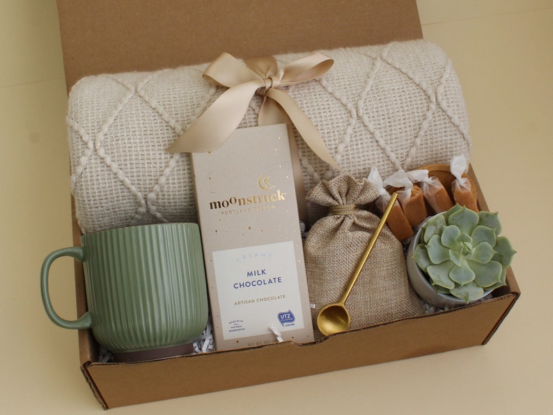 Sympathy Gift Basket, Hygge Gift Box with Blanket, Sending a hug, Thinking of you, bereavement gift, Encouragement gift, Thank You, Sunshine GreenRibMugBeigeChoc