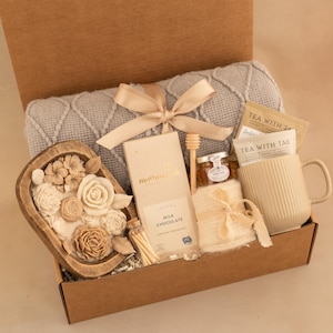 Sympathy Gift Basket, Hygge Gift Box with Blanket, Sending a hug, Thinking of you, bereavement gift, Encouragement gift, Thank You, Sunshine GrayBlanketWoodCandl