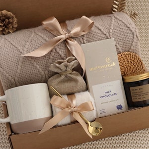 Sympathy Gift Basket, Hygge Gift Box with Blanket, Sending a hug, Thinking of you, bereavement gift, Encouragement gift, Thank You, Sunshine BeigeChoc BohoMug