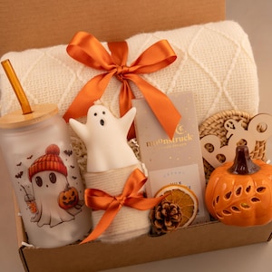 Hygge Fall Gift Box, Boo Basket, Spooky Season Gift, Cozy Fall Gift Set, Harvest Gift, Pumpkin Spice, Halloween Gifts Ghost Beanie Orange
