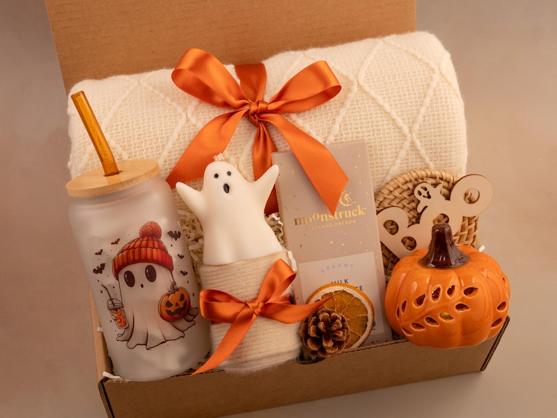 Hygge Fall Gift Box, Boo Basket, Spooky Season Gift, Cozy Fall Gift Set, Harvest Gift, Pumpkin Spice, Halloween Gifts Ghost Beanie Orange