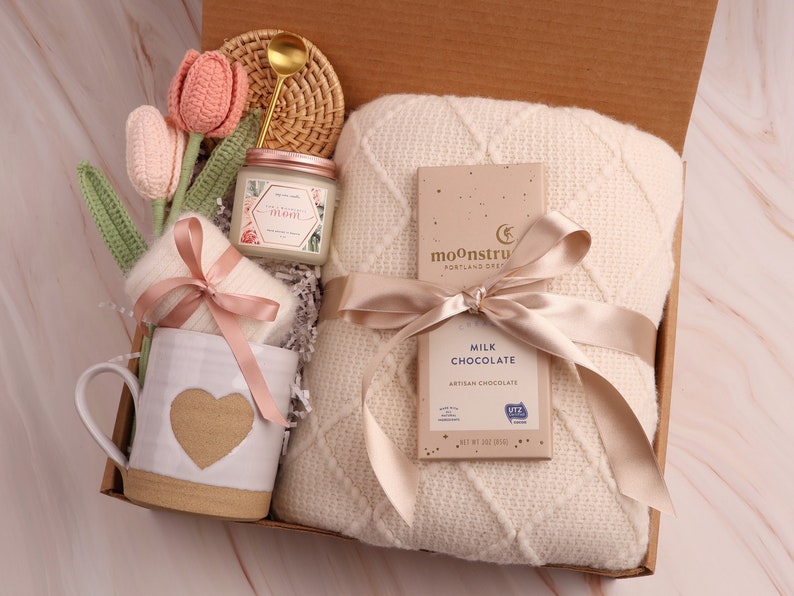 Gift Box With Blanket, Care Package For Her, Happy Easter, Sending A Hugs, Gift For Mom, Mother'S Day Gift, Sympathy Gift Basket Pink Tulip Heart Mug