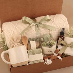 Get Well Soon Blanket Gift Box For Women and Men, Care Package For Her or Him, Thinking Of You, Sympathy, Surgery Recovery, Tea Basket HugCactusGlassCandle
