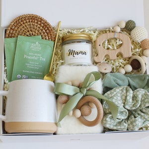 New Mom and Baby Gift Box with Blanket, Gift for Women After Birth, Post Pregnancy Gift Basket, Mom to be Self Care Package Postpartum Green Elephant